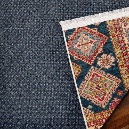 Mavi Bordürlü Modern Etnik Desenli Halı  | Makinada Yıkanabilir | Hav Toz Vermez | Leke Tutmayan | Kaymaz Taban | Dijital Makine Baskı | Salon Yolluk Mutfak Halısı