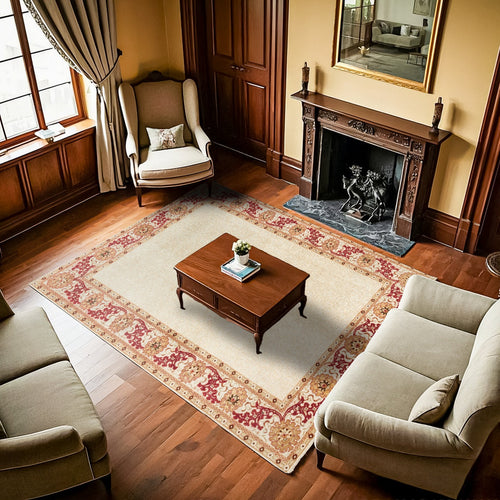 Krem Çiçekli Modern Etnik Desenli Halı  | Makinada Yıkanabilir | Hav Toz Vermez | Leke Tutmayan | Kaymaz Taban | Dijital Makine Baskı | Salon Yolluk Mutfak Halısı