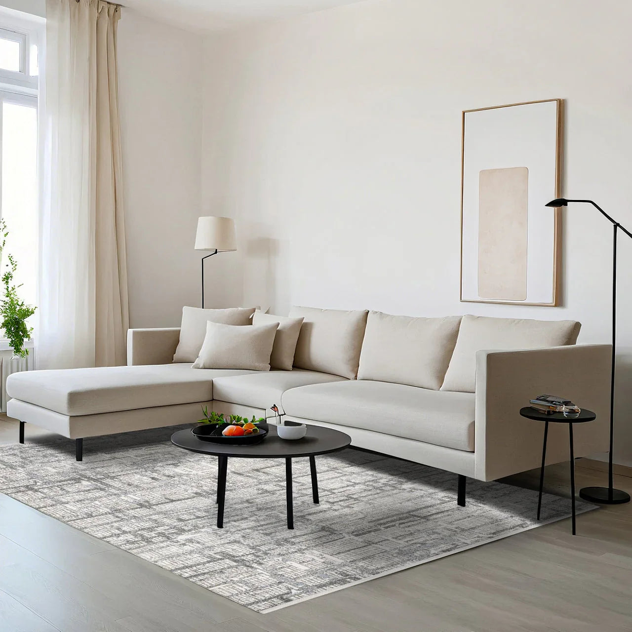Beyaz Gri Dokulu Minimalist Halı - Yıkanabilir - Kaymaz Taban - Pati Dostu