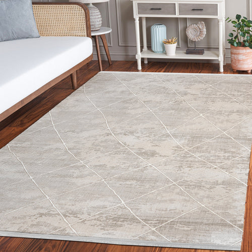 Sueda Bej Geometrik Mikrofiber Polyester Makine Alan Halısı