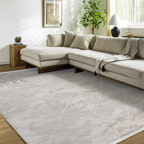 Sueda Bej Geometrik Mikrofiber Polyester Makine Alan Halısı