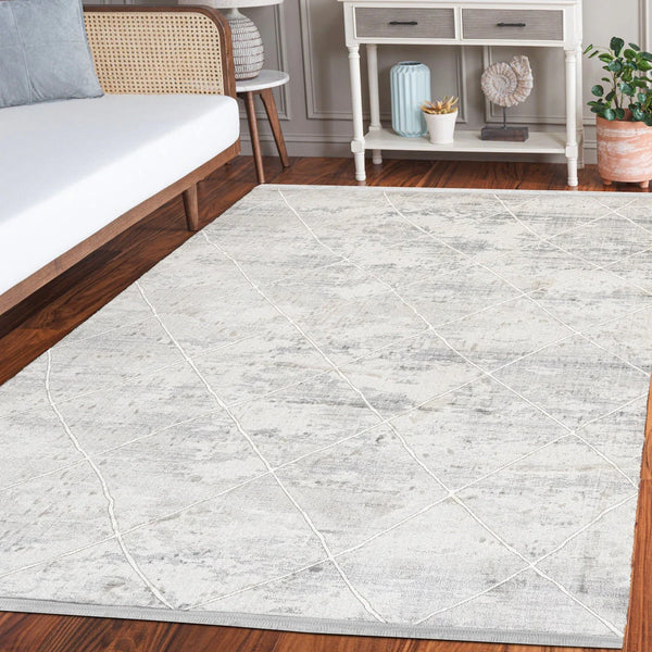 Beyaz Gri Dokulu Minimalist Halı - Yıkanabilir - Kaymaz Taban - Pati Dostu