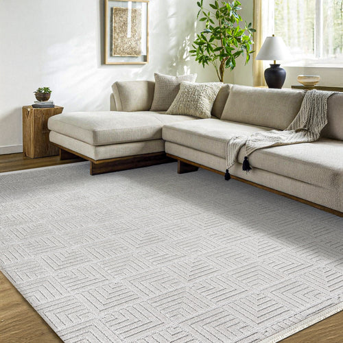 Ecewsk Gri Geometrik Polyester Makine Alan Halısı