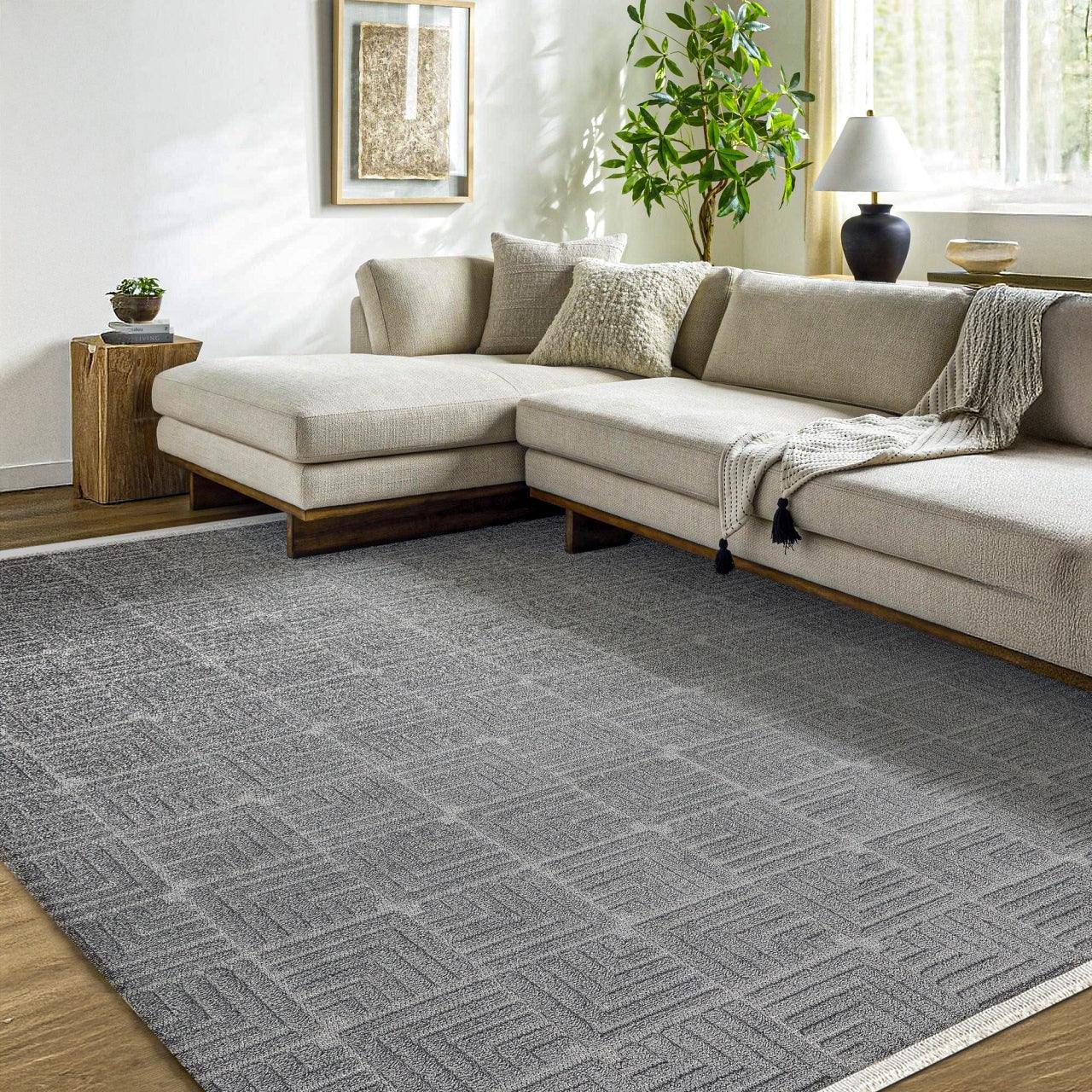 Antrasit Gri Dokulu Geometrik Halı - Yıkanabilir - Kaymaz Taban - Pati Dostu