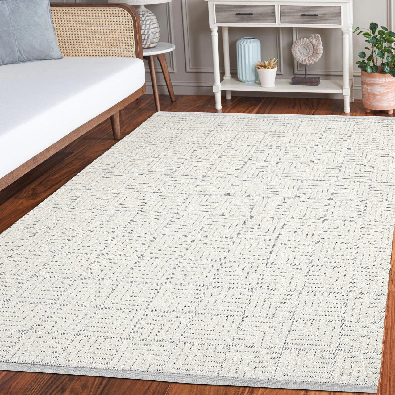 Beyaz Ekru Geometrik Minimalist Halı - Yıkanabilir - Kaymaz Taban - Pati Dostu