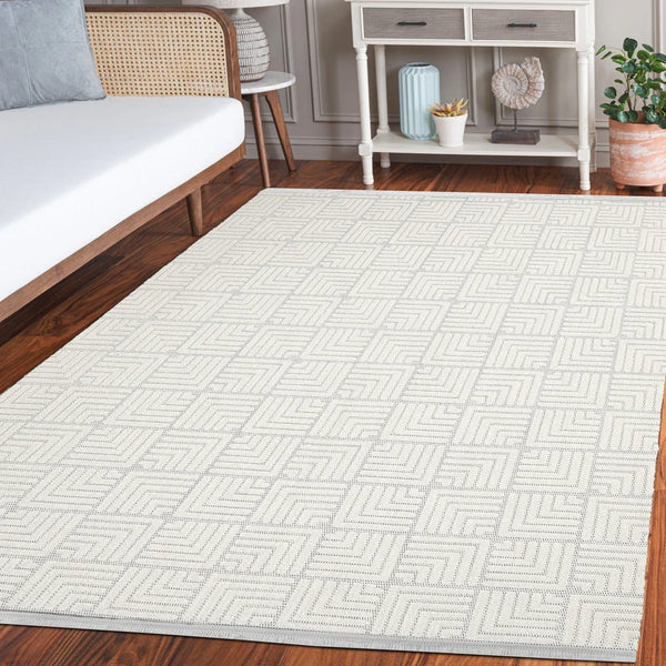 Beyaz Ekru Geometrik Minimalist Halı - Yıkanabilir - Kaymaz Taban - Pati Dostu