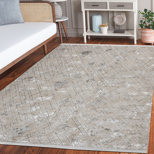 Oasis Gri Geometrik Mikrofiber Polyester Makine Alan Halısı