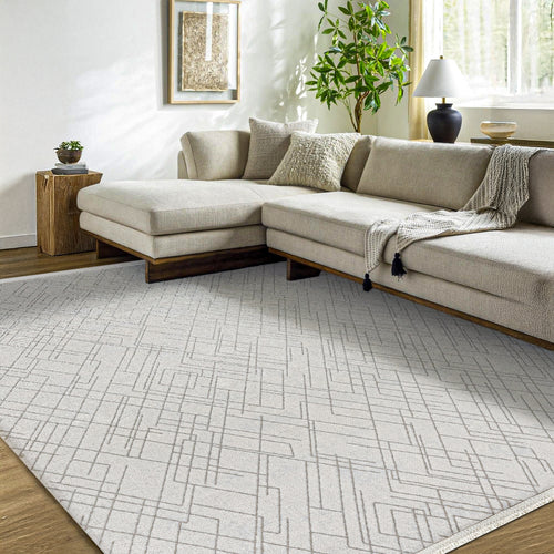 Edena Krem Geometrik Mikrofiber Polyester Makine Alan Halısı