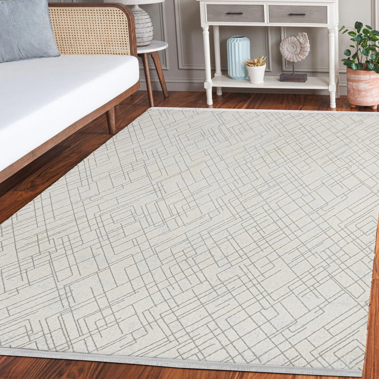 Beyaz Krem Geometrik Minimalist Halı - Yıkanabilir - Kaymaz Taban - Pati Dostu