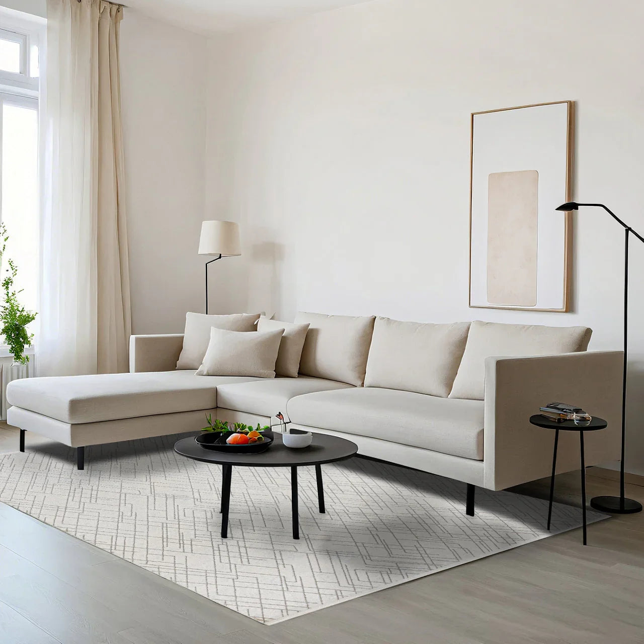 Beyaz Krem Geometrik Minimalist Halı - Yıkanabilir - Kaymaz Taban - Pati Dostu