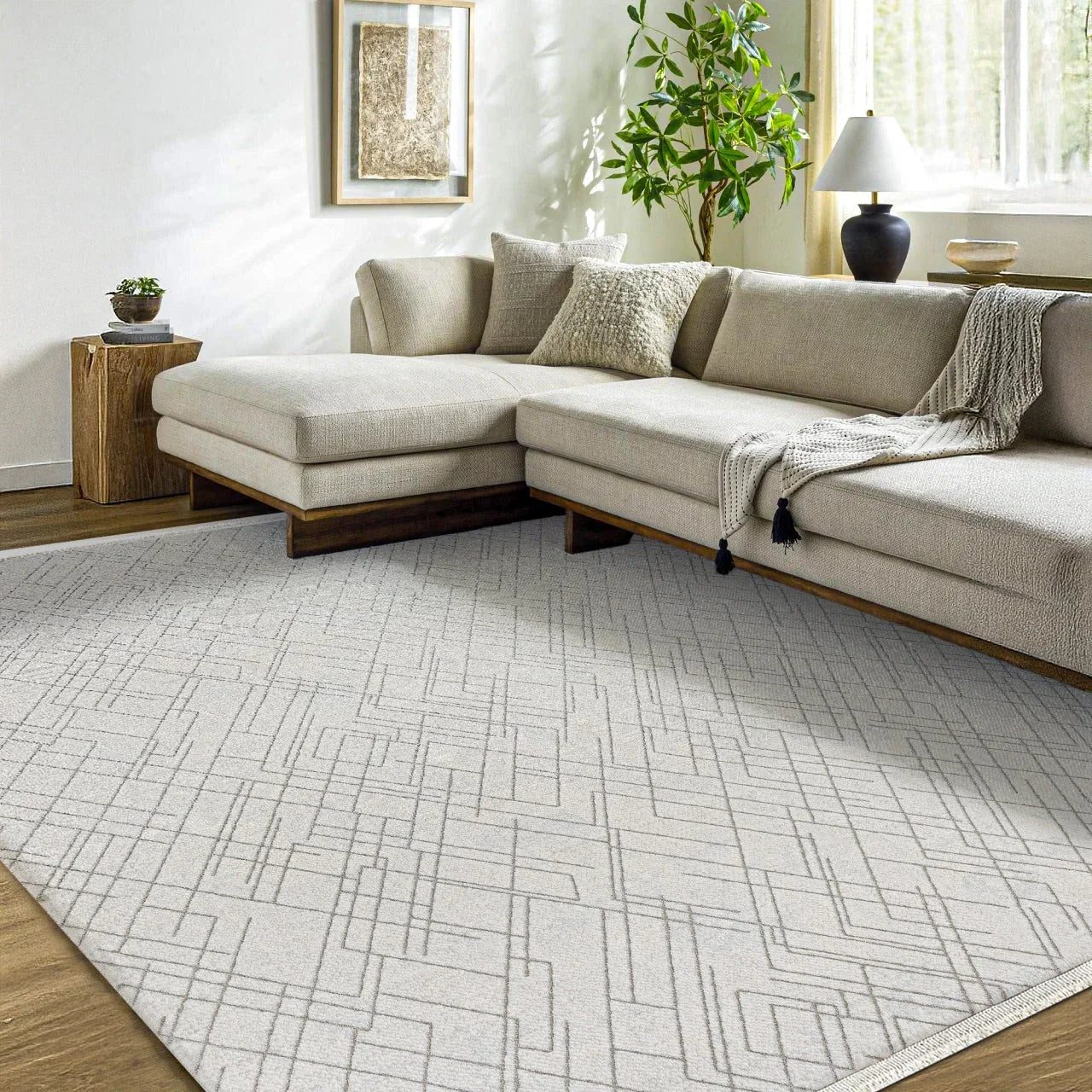 Beyaz Krem Geometrik Minimalist Halı - Yıkanabilir - Kaymaz Taban - Pati Dostu