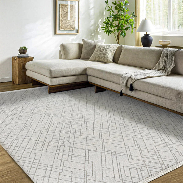 Beyaz Krem Geometrik Minimalist Halı - Yıkanabilir - Kaymaz Taban - Pati Dostu