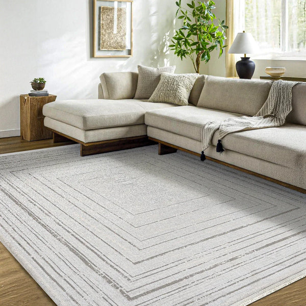 Bej Krem Minimalist Modern Halı - Yıkanabilir - Kaymaz Taban - Pati Dostu