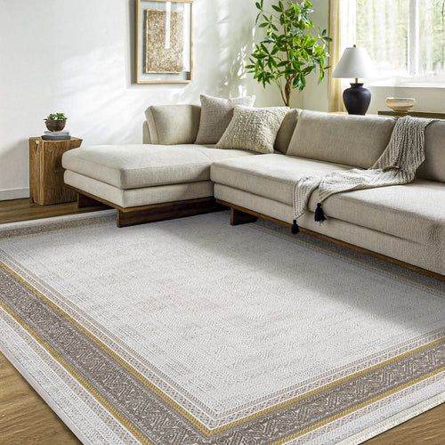 Jasmini Bej Çerçeveli Akrilik Makine Alan Halısı