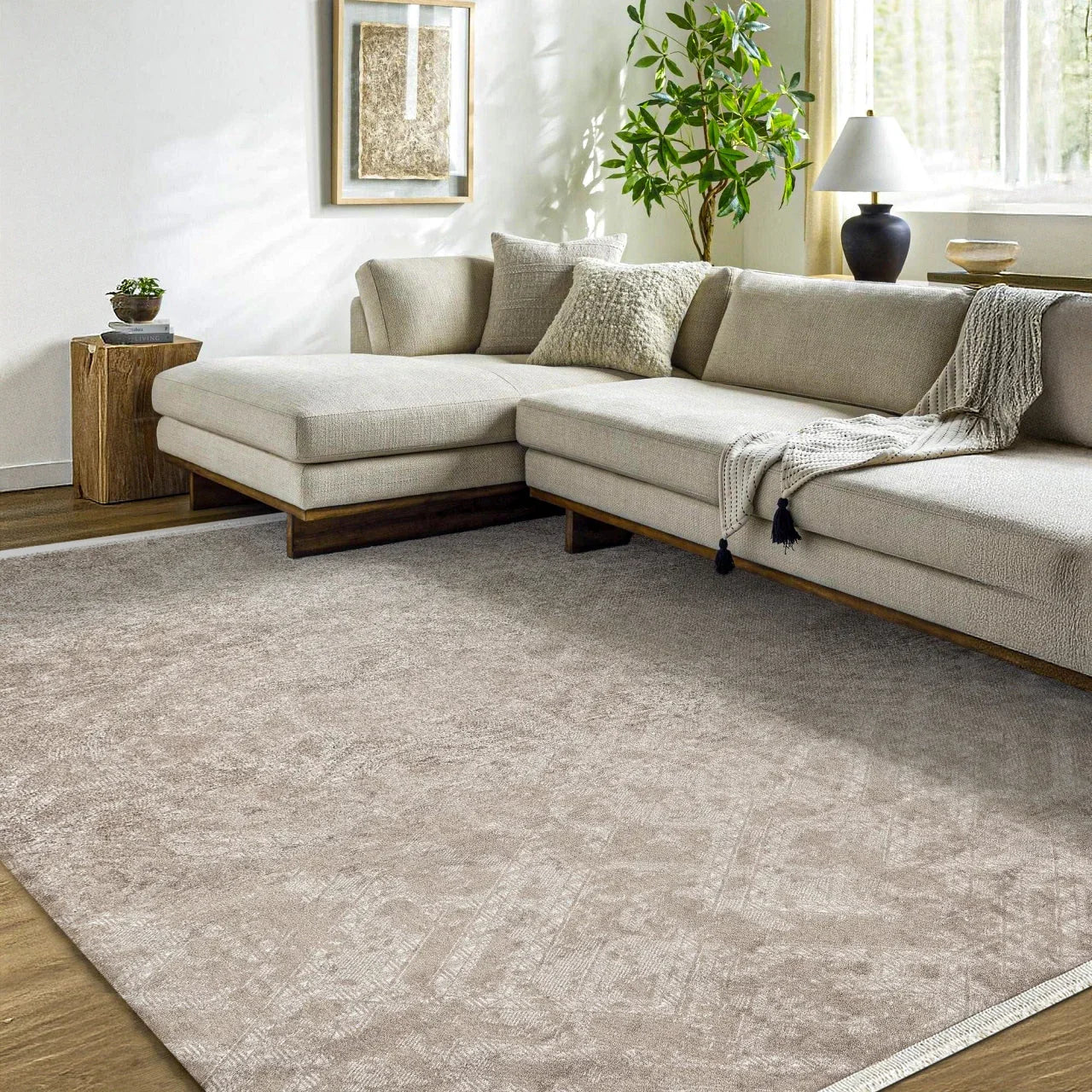 Bej Vizon Dokulu Minimalist Halı - Yıkanabilir - Kaymaz Taban - Pati Dostu