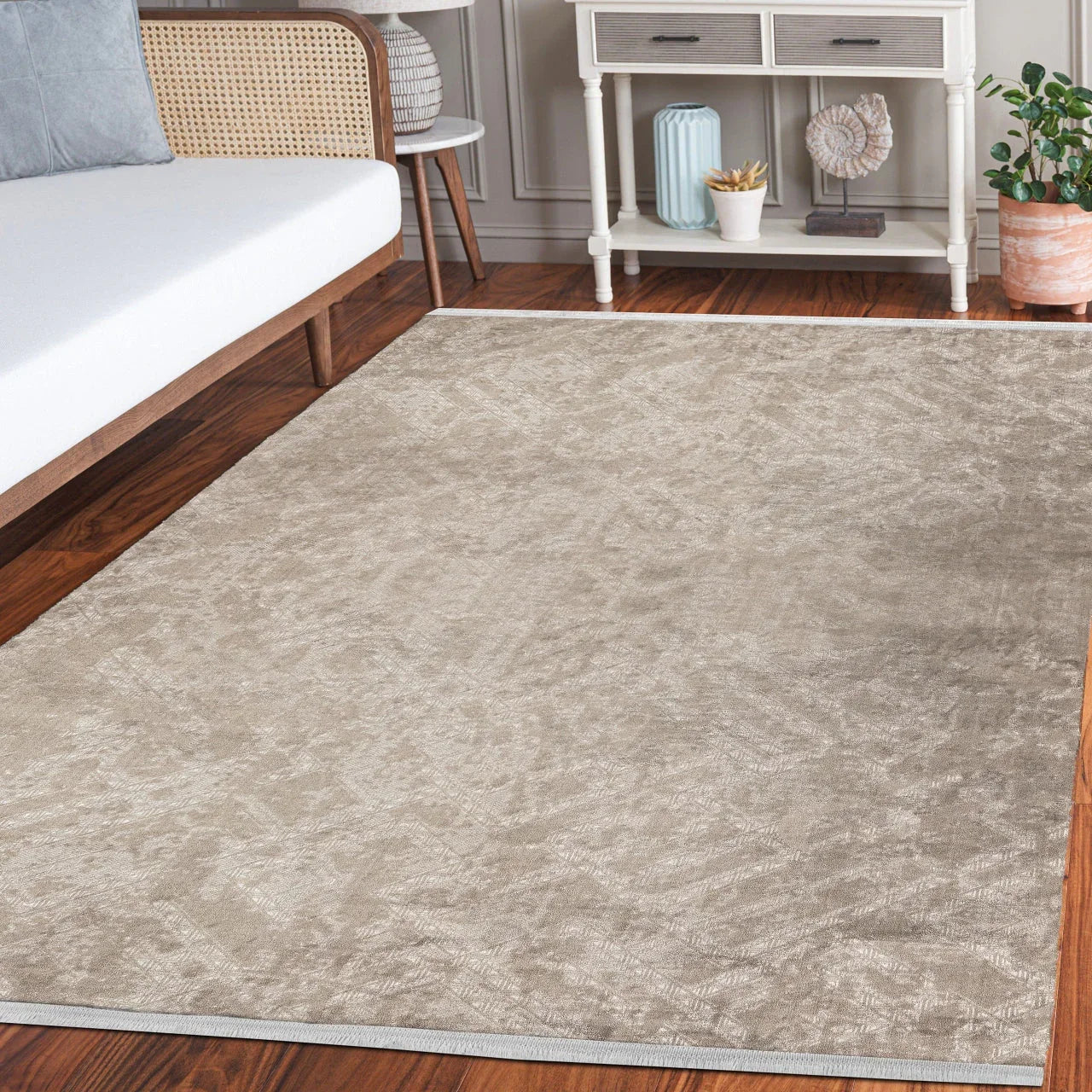 Bej Vizon Dokulu Minimalist Halı - Yıkanabilir - Kaymaz Taban - Pati Dostu