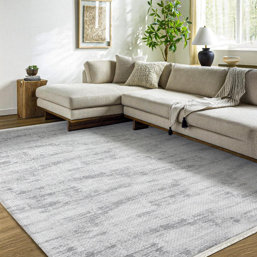 Beyaz Gri Dokulu Eskitme Triko Halı - Toz Vermez