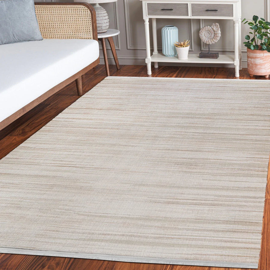 Modern Striped Area Rug in Beige and Cream – in the living room