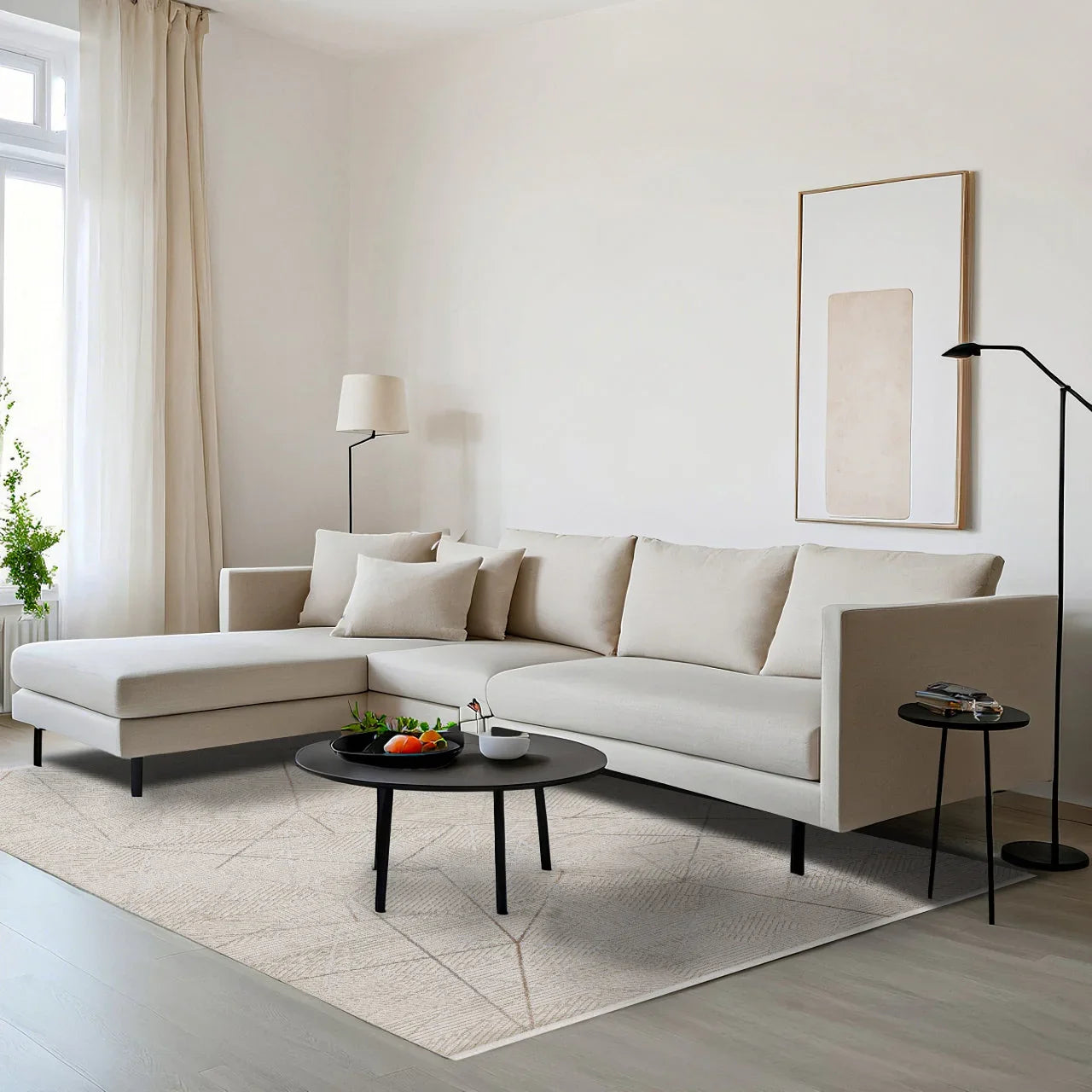 Bej Gold Geometrik Minimalist Viskon Halı - Yıkanabilir - Kaymaz Taban - Pati Dostu