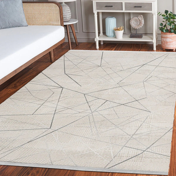 Bej Gri Geometrik Minimalist Halı - Yıkanabilir - Kaymaz Taban - Pati Dostu