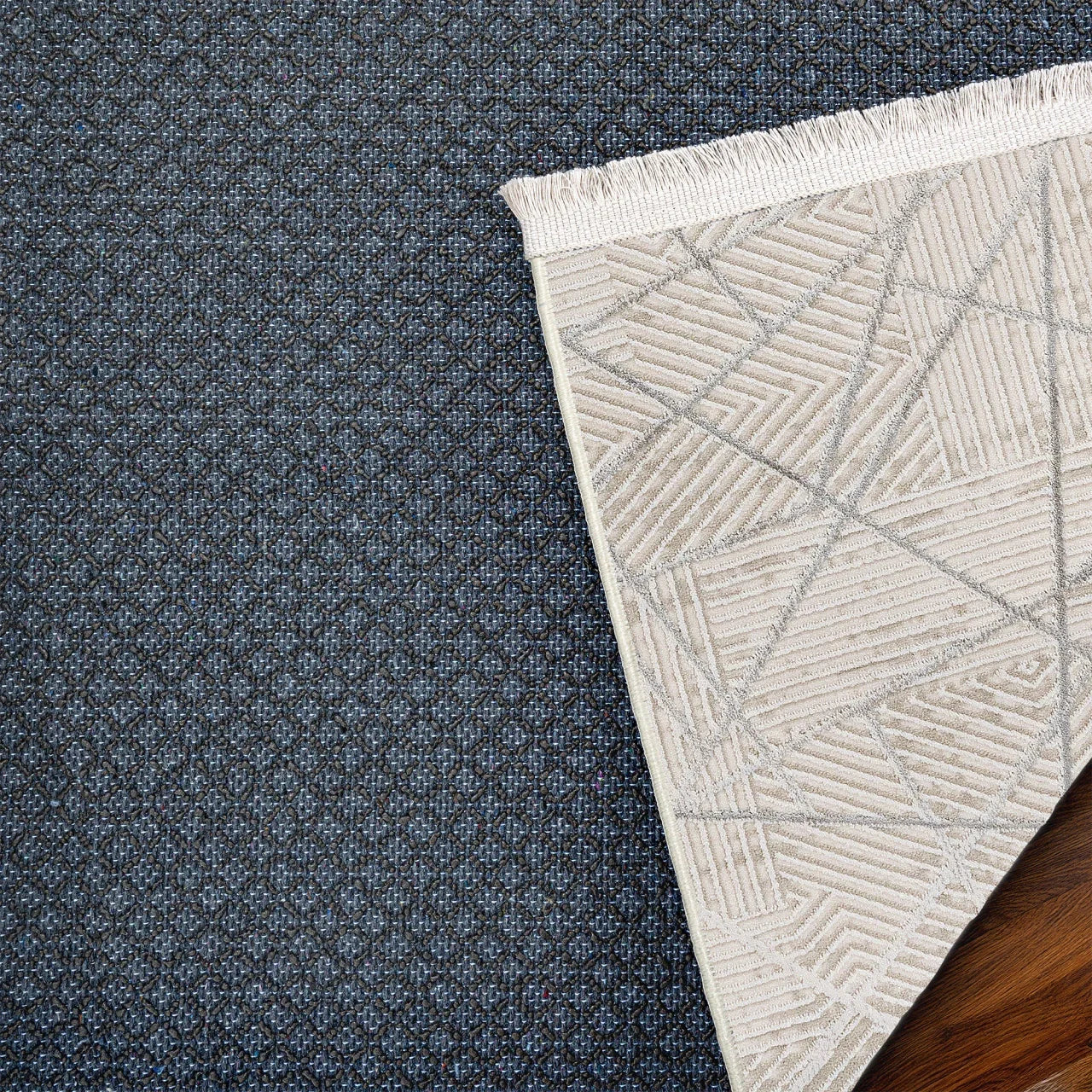 Bej Gri Geometrik Minimalist Halı - Yıkanabilir - Kaymaz Taban - Pati Dostu