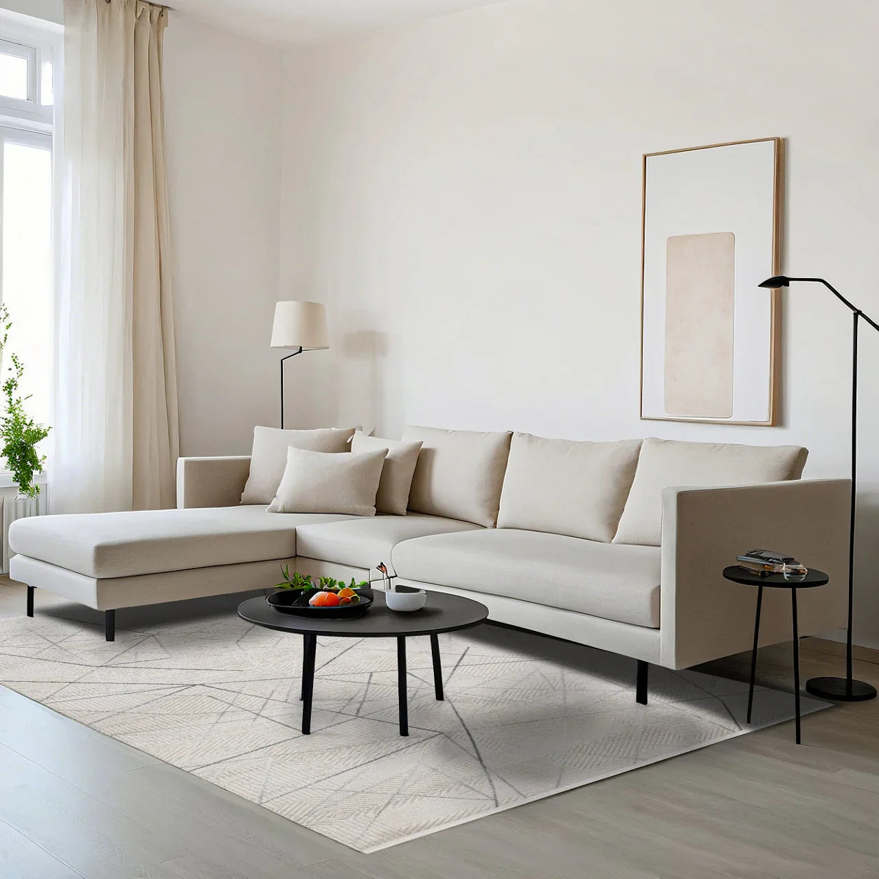 Bej Gri Geometrik Minimalist Halı - Yıkanabilir - Kaymaz Taban - Pati Dostu