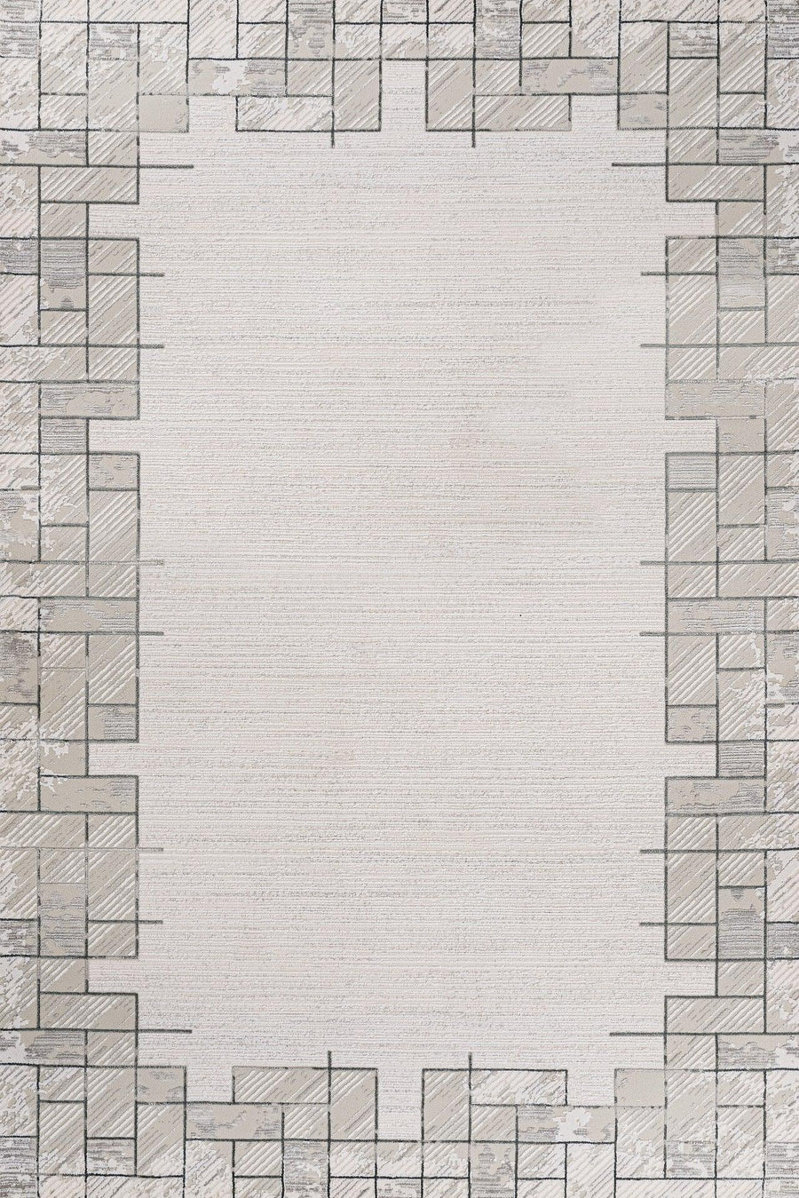 Beyaz Gri Bordürlü Geometrik Halı - Yıkanabilir - Kaymaz Taban - Pati Dostu