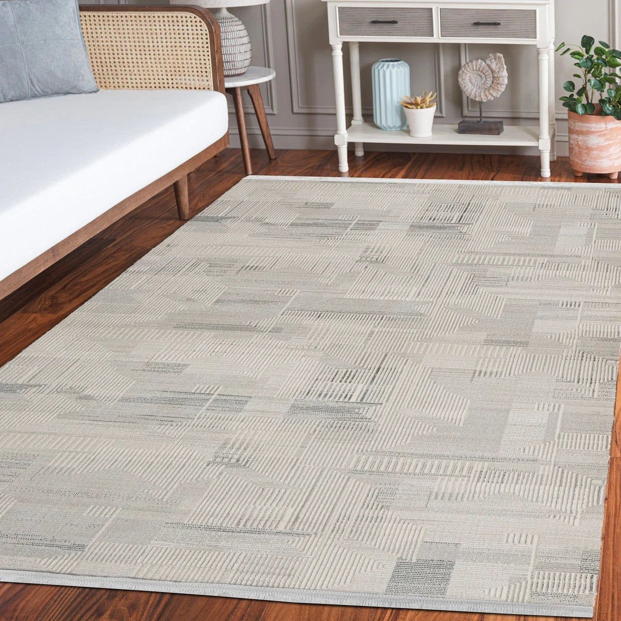 Bej Dokulu Minimalist Halı - Yıkanabilir - Kaymaz Taban - Pati Dostu