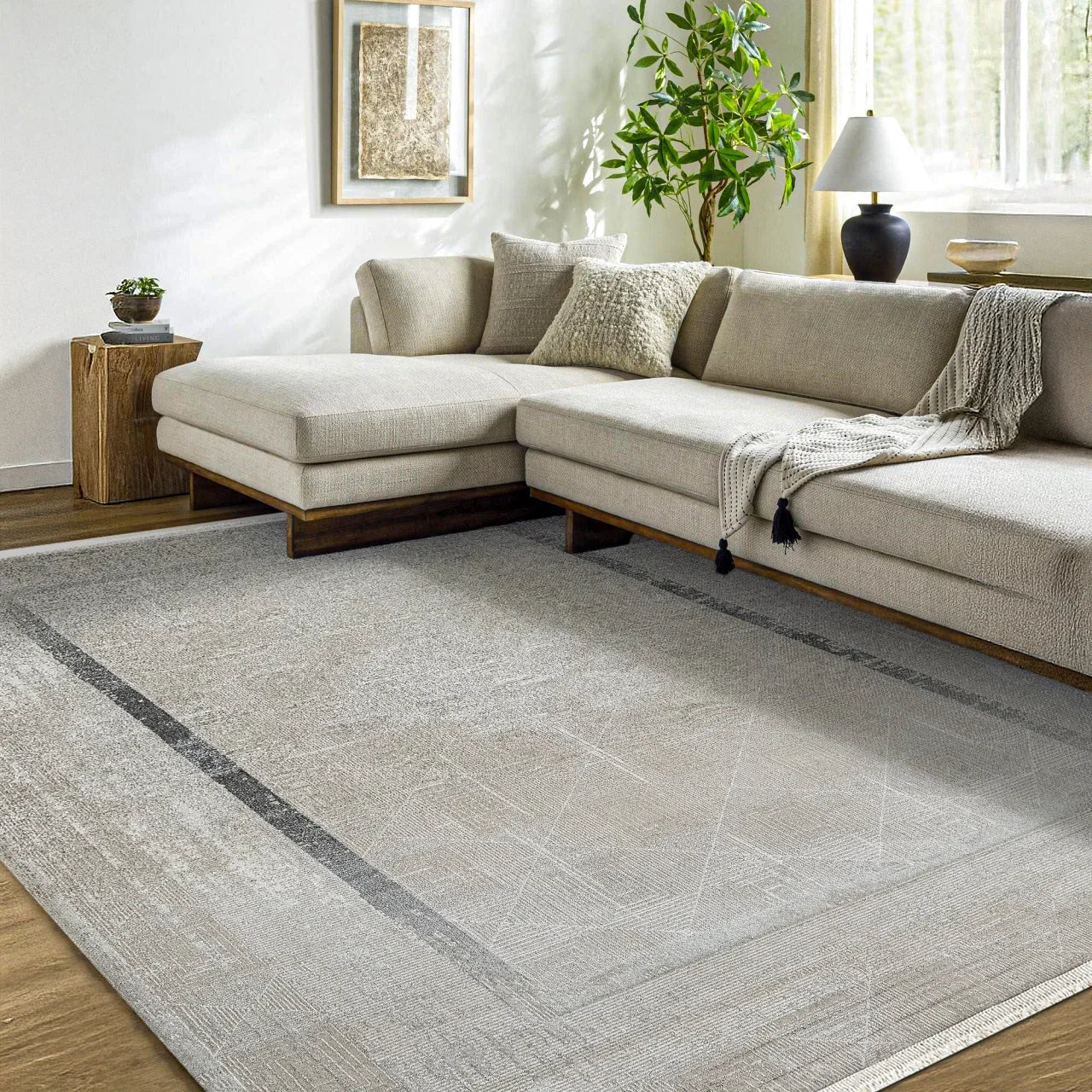 Antrasit Beyaz Bordürlü Minimalist Halı - Yıkanabilir - Kaymaz Taban - Pati Dostu