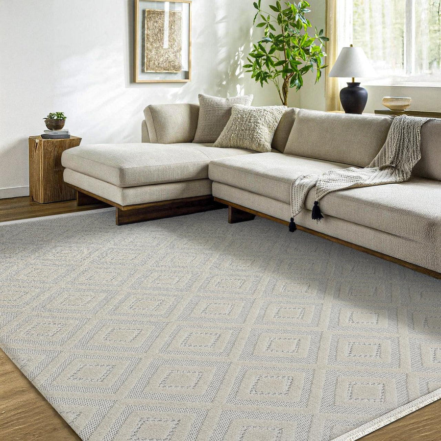 Beyaz Krem Baklava Desenli Bohem Triko Halı - Toz Vermez