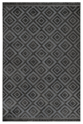 Antrasit Gri Baklava Desenli Bohem Triko Halı - Toz Vermez