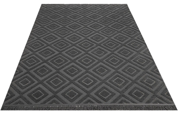 Antrasit Gri Baklava Desenli Bohem Triko Halı - Toz Vermez