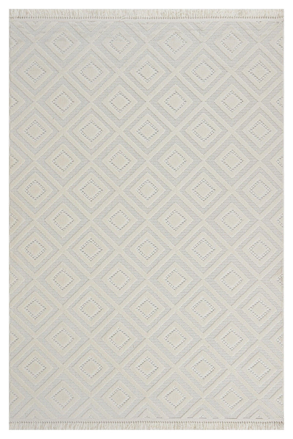 Beyaz Krem Baklava Desenli Bohem Triko Halı - Toz Vermez