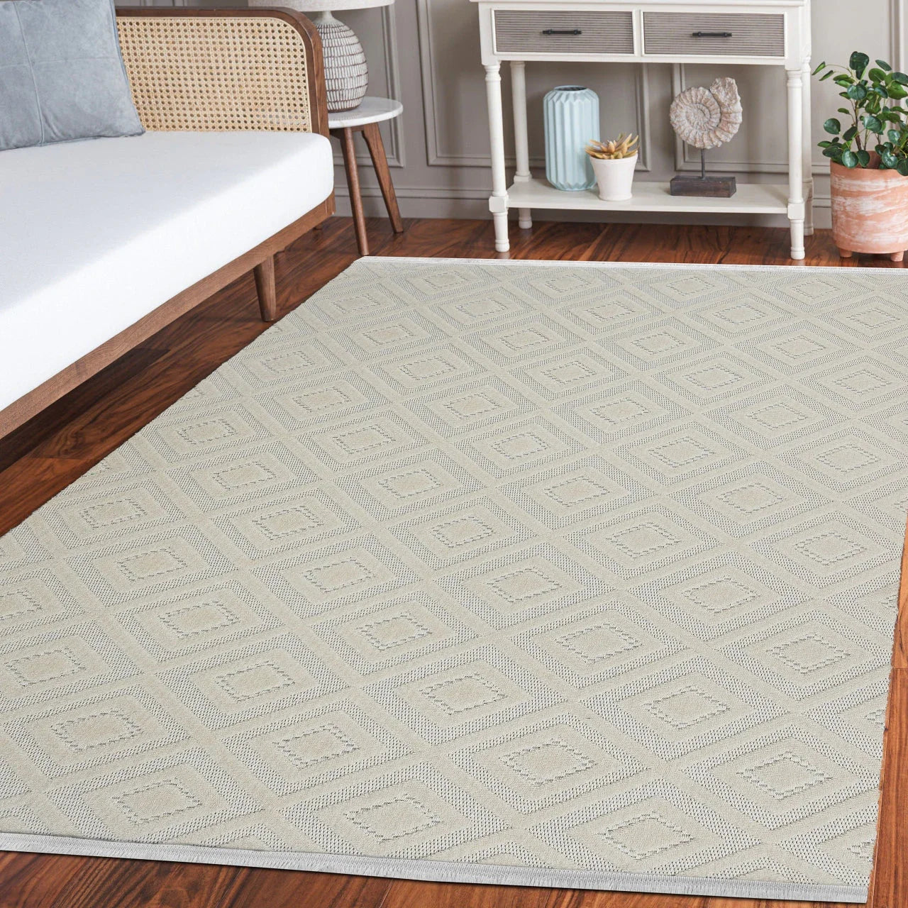 Bej Krem Geometrik Minimalist Halı - Yıkanabilir - Kaymaz Taban - Pati Dostu