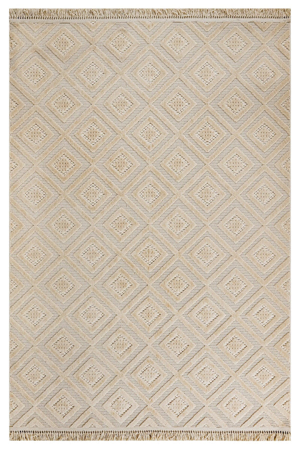 Bej Krem Baklava Desenli Bohem Triko Halı - Toz Vermez