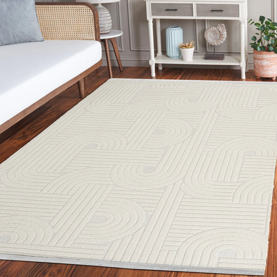 Beyaz Krem Bohem Dokulu Triko Halı - Toz Vermez