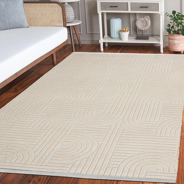 Bej Krem Geometrik Minimalist Viskon Halı - Yıkanabilir - Kaymaz Taban - Pati Dostu
