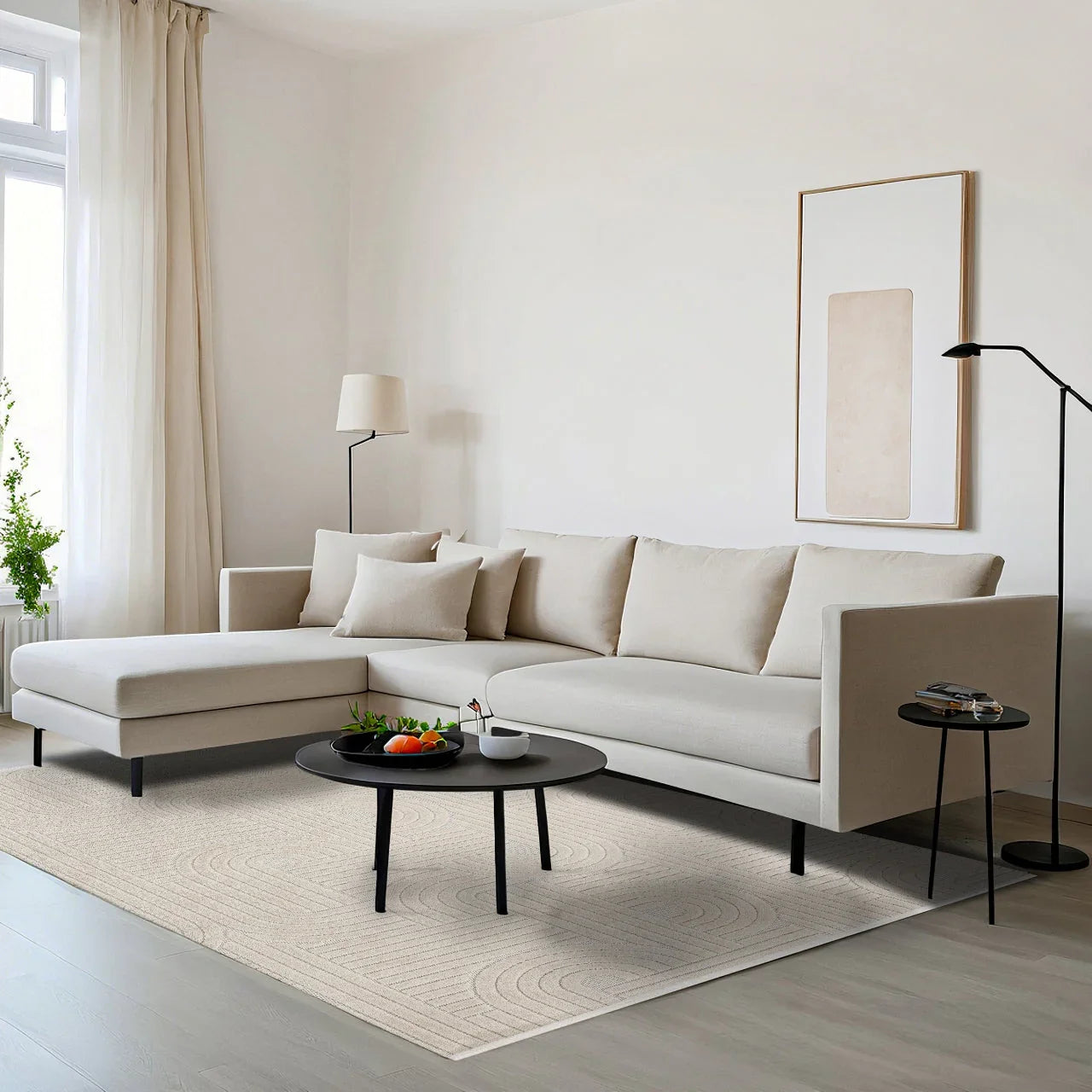 Bej Krem Geometrik Minimalist Viskon Halı - Yıkanabilir - Kaymaz Taban - Pati Dostu