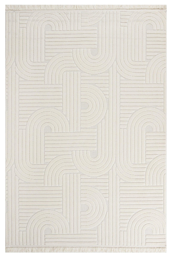 Beyaz Krem Bohem Dokulu Triko Halı - Toz Vermez