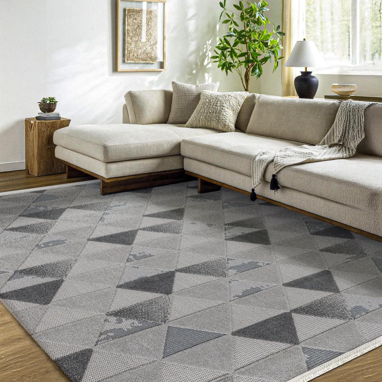 Antrasit Gri Geometrik Kareli Halı - Yıkanabilir - Kaymaz Taban - Pati Dostu