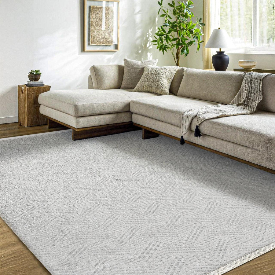 Beyaz Gri Dokulu Düz Triko Halı - Toz Vermez