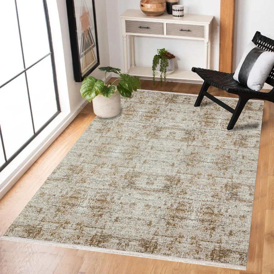 Bej Vizon Eskitme Modern Halı - Yıkanabilir - Kaymaz Taban - Pati Dostu