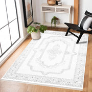 Beyaz Göbekli Modern Etnik Desenli Halı  | Makinada Yıkanabilir | Hav Toz Vermez | Leke Tutmayan | Kaymaz Taban | Dijital Makine Baskı | Salon Yolluk Mutfak Halısı