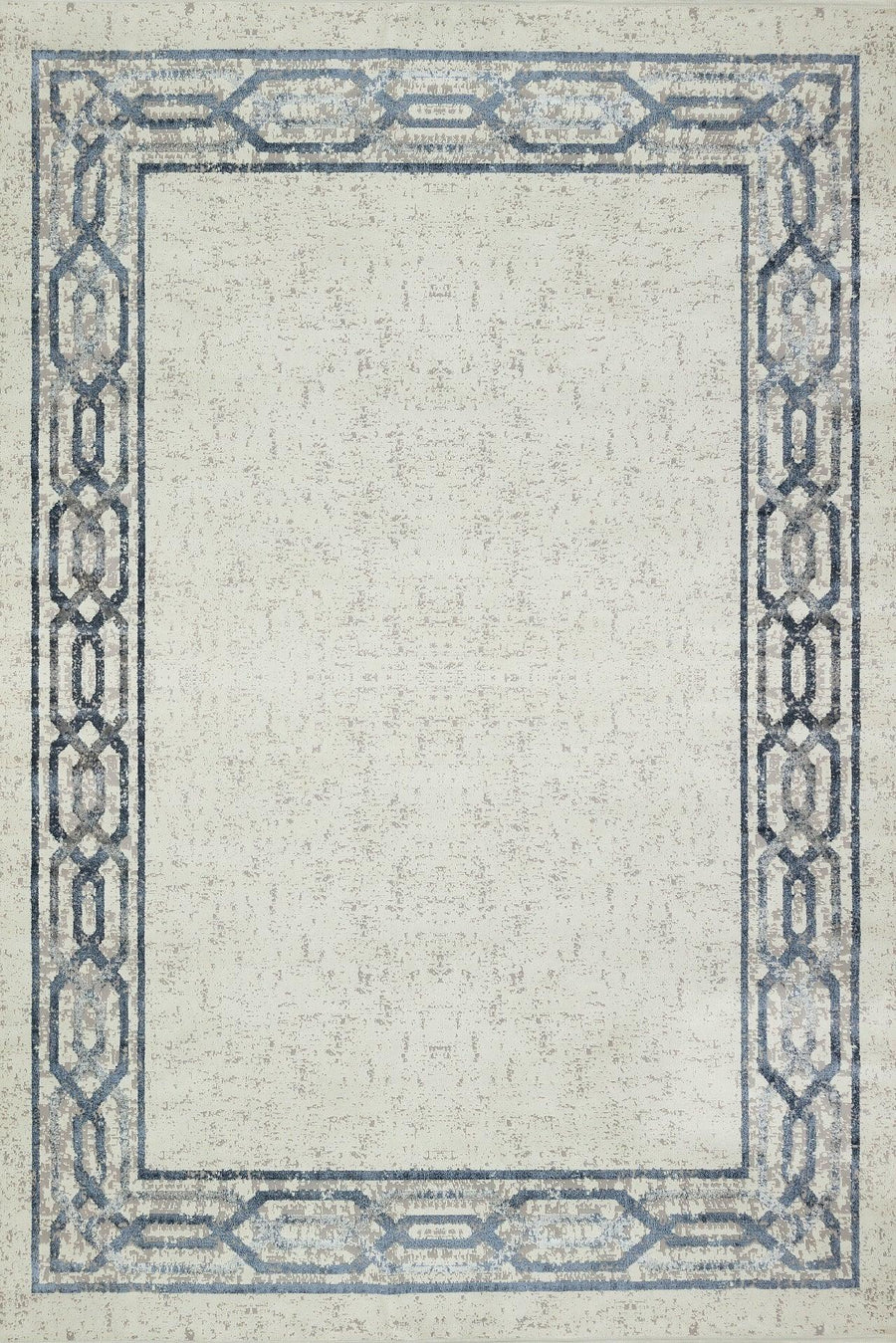 Modern Cream and Blue Bordered Area Rug – in the hallway