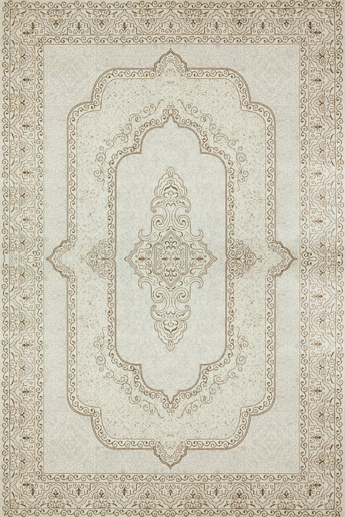 Krem Göbekli Modern Etnik Desenli Halı  | Makinada Yıkanabilir | Hav Toz Vermez | Leke Tutmayan | Kaymaz Taban | Dijital Makine Baskı | Salon Yolluk Mutfak Halısı