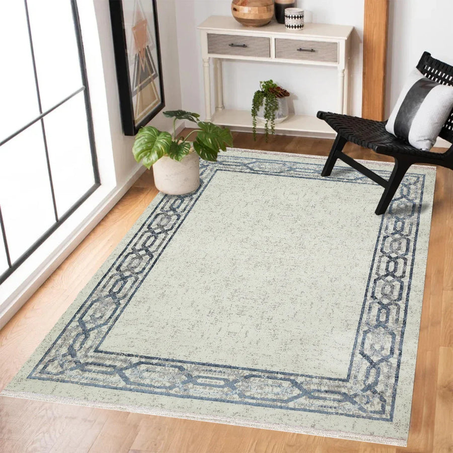 Gri Krem Geometrik Modern Halı - Yıkanabilir - Kaymaz Taban - Pati Dostu