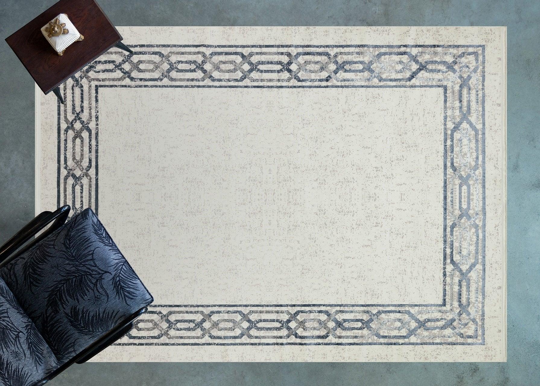 Gri Krem Geometrik Modern Halı - Yıkanabilir - Kaymaz Taban - Pati Dostu