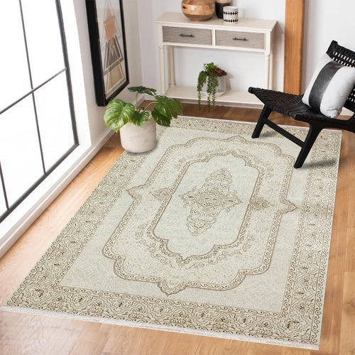 Krem Göbekli Modern Etnik Desenli Halı  | Makinada Yıkanabilir | Hav Toz Vermez | Leke Tutmayan | Kaymaz Taban | Dijital Makine Baskı | Salon Yolluk Mutfak Halısı