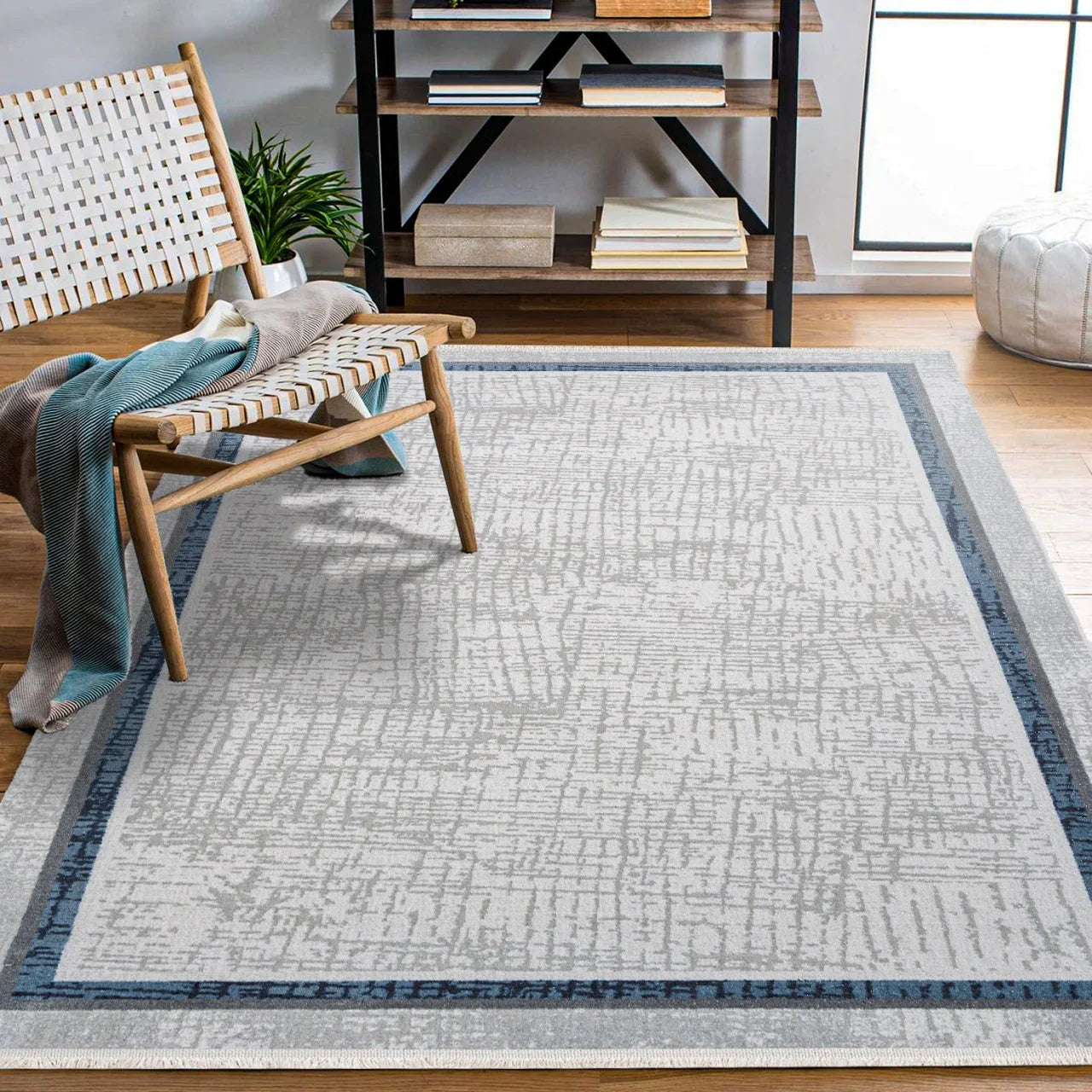 Beyaz Gri Bordürlü Minimalist Halı - Yıkanabilir - Kaymaz Taban - Pati Dostu