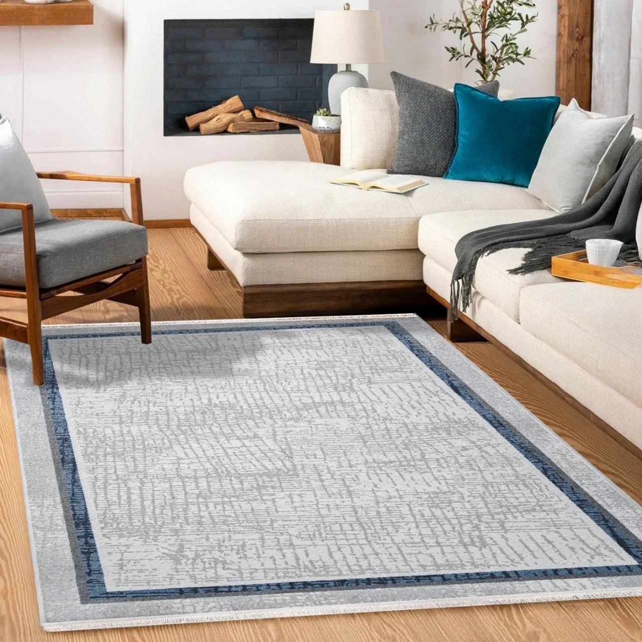 Beyaz Gri Bordürlü Minimalist Halı - Yıkanabilir - Kaymaz Taban - Pati Dostu
